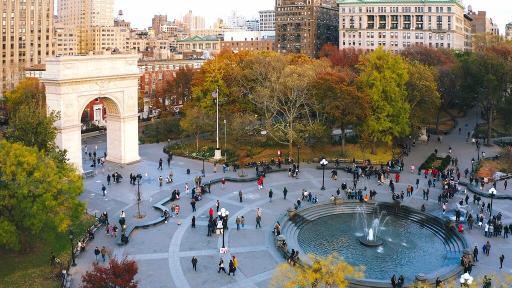 Aerial shot of Washington Square Park, the public space around which New York University campus is located.