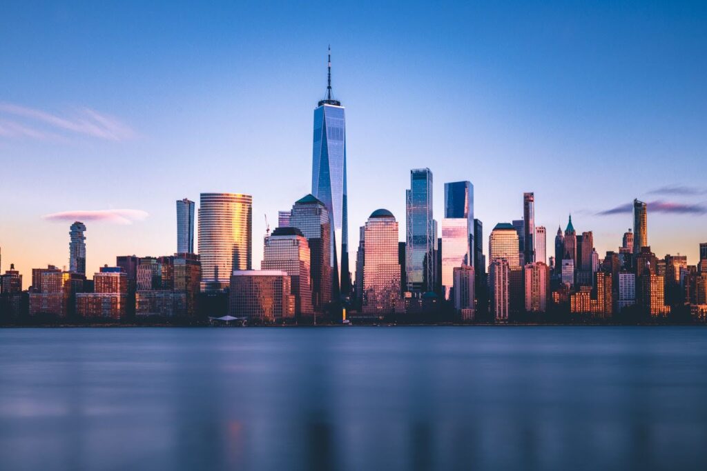 The New York City skyline viewed from the southern tip of Manhattan.