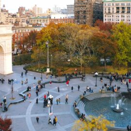 Aerial shot of Washington Square Park, the public space around which New York University campus is located.